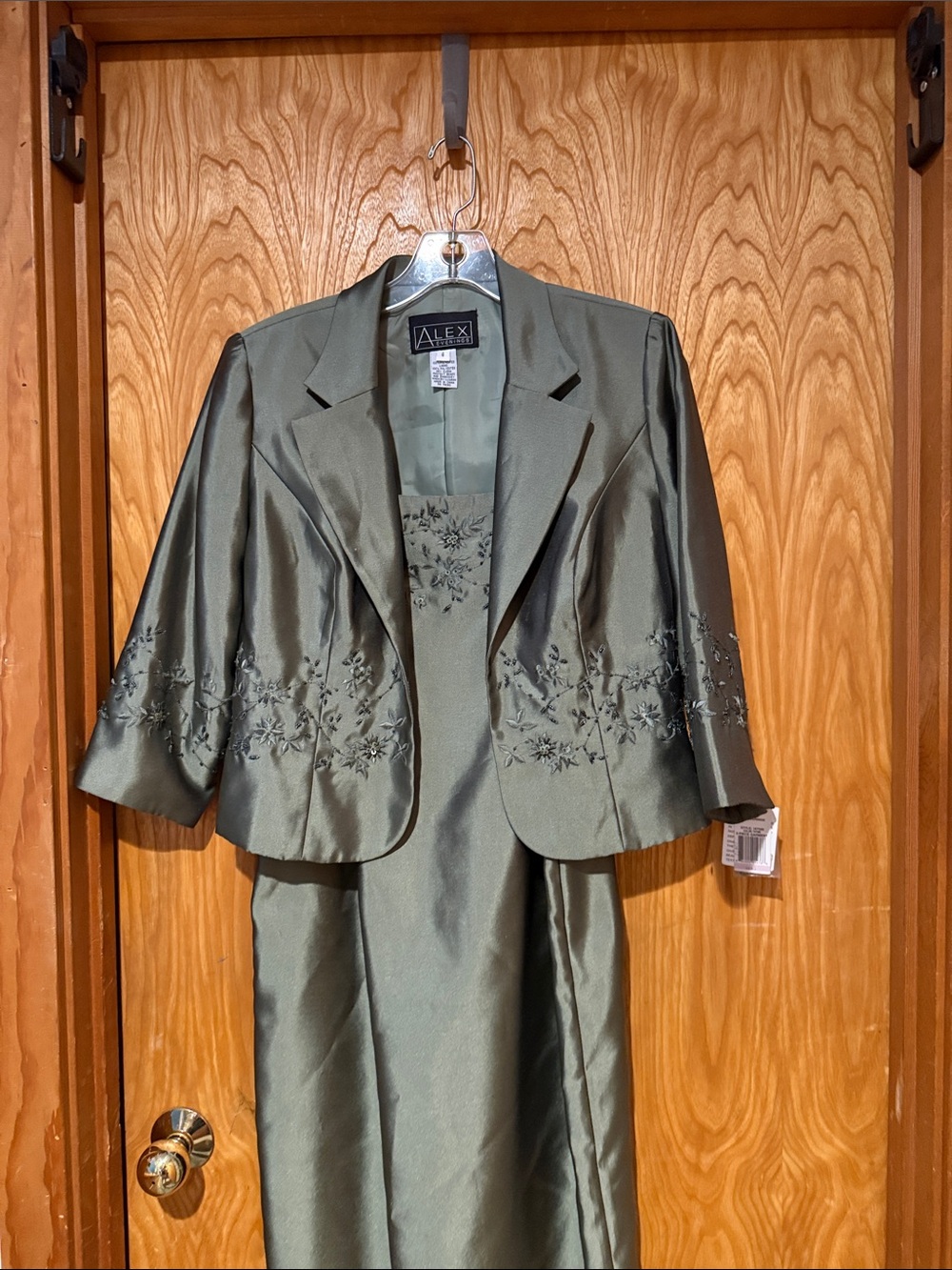 Alex Silk-Feel Olive Green Slip Dress with Embroidered Bodice and jacket
